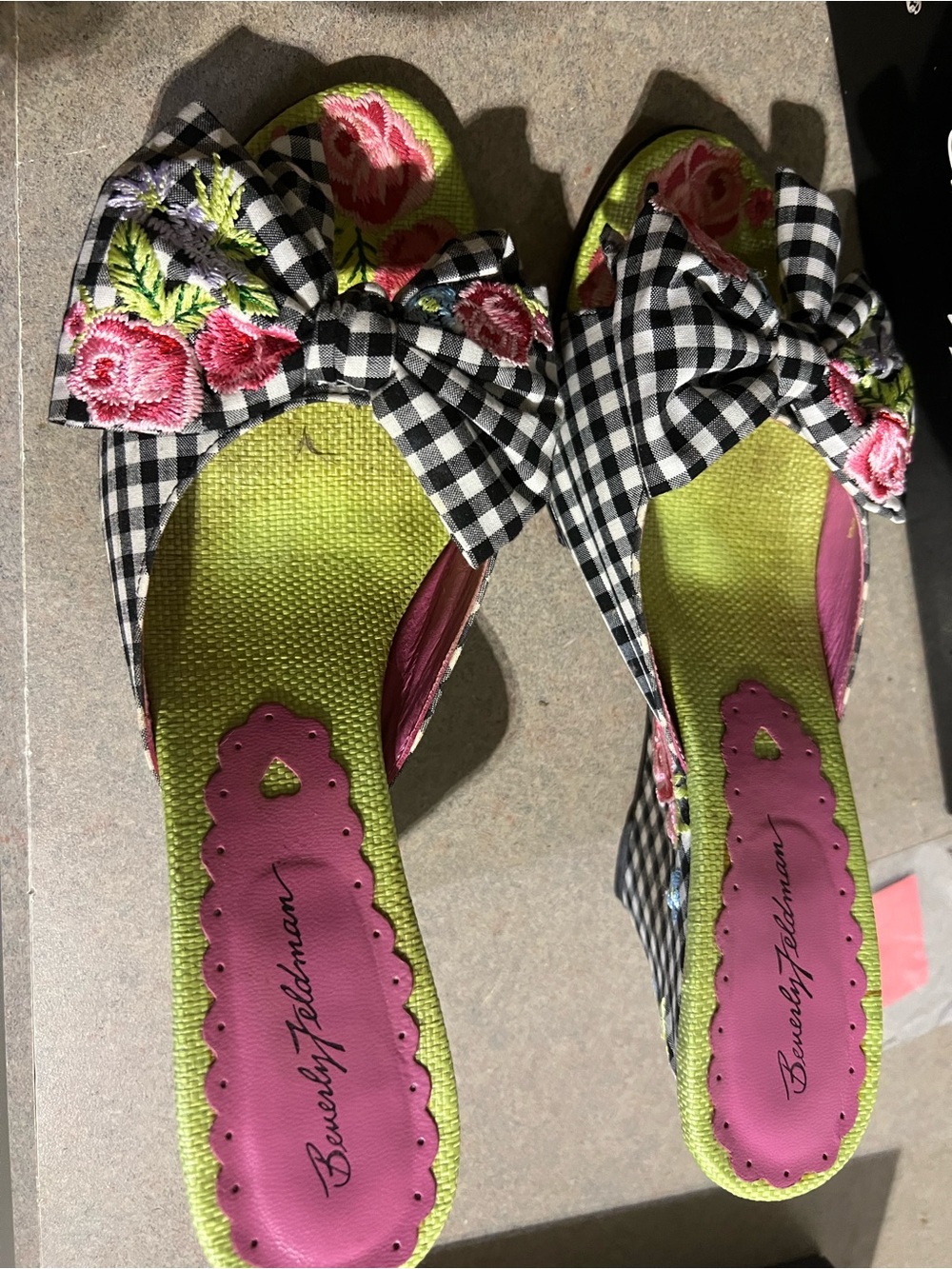 Beverly Feldman Black Gingham Bow Mules with Pink Floral Embroidery